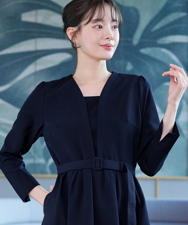 Tiaclasse L 【ダブルクロス・洗える】 ナローVネックワンピース ネイビー