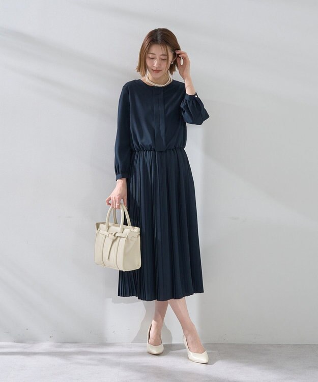 YECCA VECCA ジョーゼットプリーツワンピース Navy