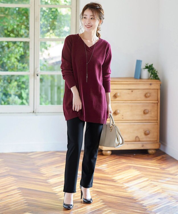 Tiaclasse L 【洗える】幅広く活躍が期待できるVネックリブニットチュニック ボルドー