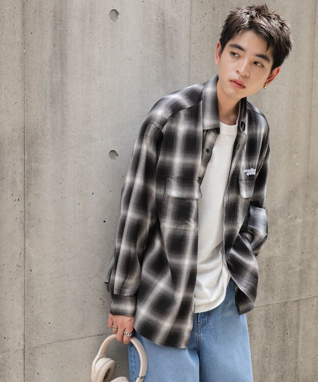 WEGO オンブレチェックグラフィックシャツ（LS） ブラックチェック1