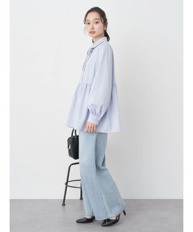 earth music&ecology リボン付き切り替えギャザーシャツチュニック Light Blue