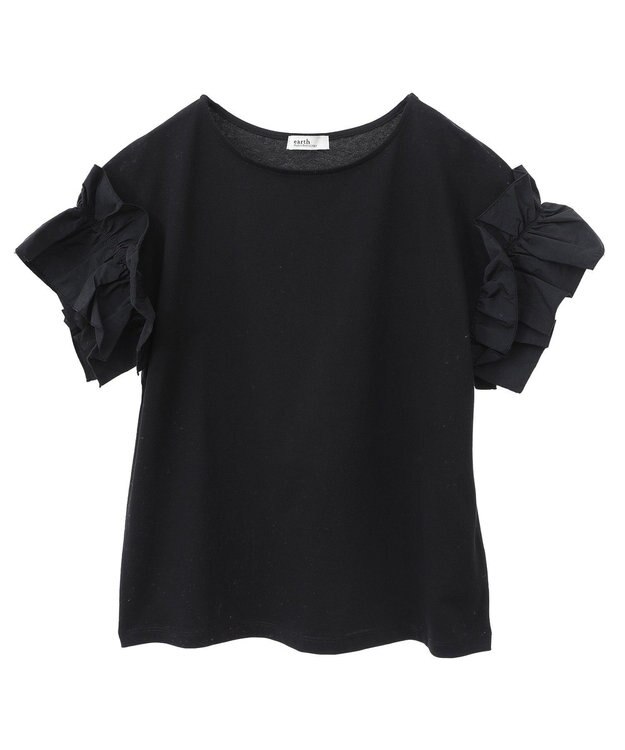 earth music&ecology 【接触冷感/洗濯機可】ギャザーフリルスリーブカットソー Black