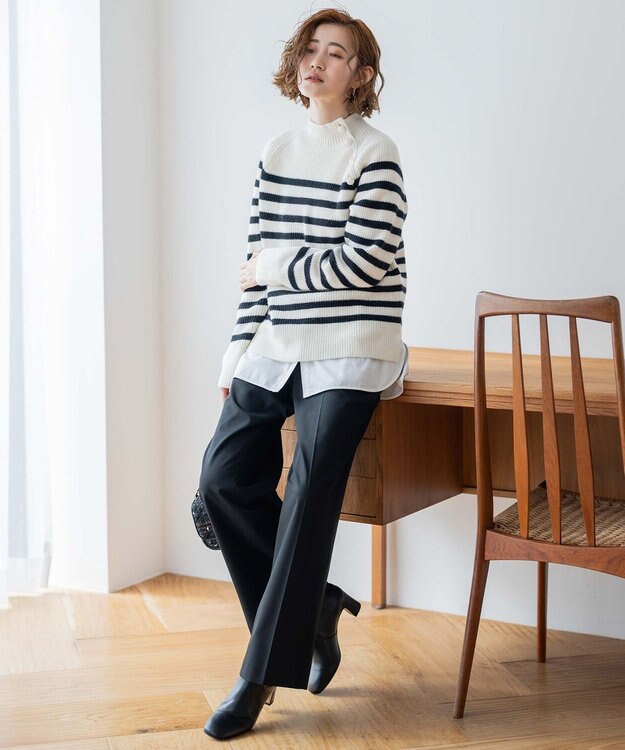 23区 S 【洗える】ウールカシミヤ パネルボーダー ニット オフホワイトxブラックボーダー