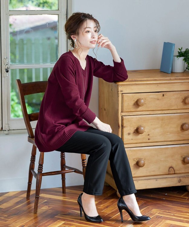 Tiaclasse L 【洗える】幅広く活躍が期待できるVネックリブニットチュニック ボルドー