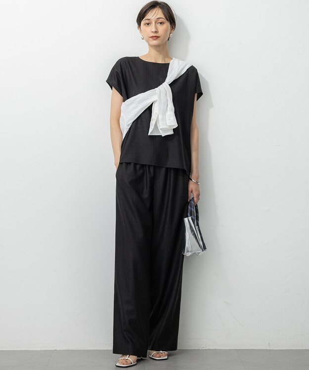 23区 【洗える】トリアセスラブストレッチ フレンチスリーブ ブラウス ブラック系