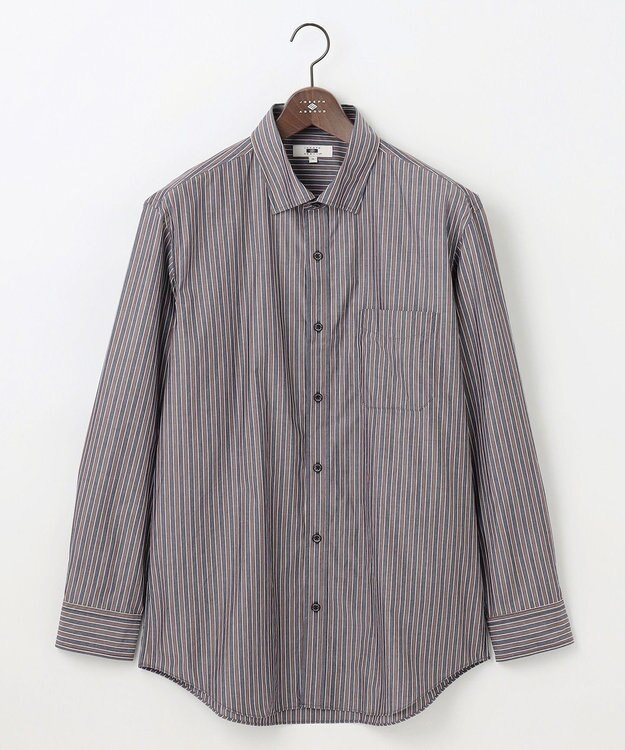 JOSEPH ABBOUD 【キングサイズ・シルク×綿ブレンド】シルクコットンストライプ シャツ ダークブラウン系1