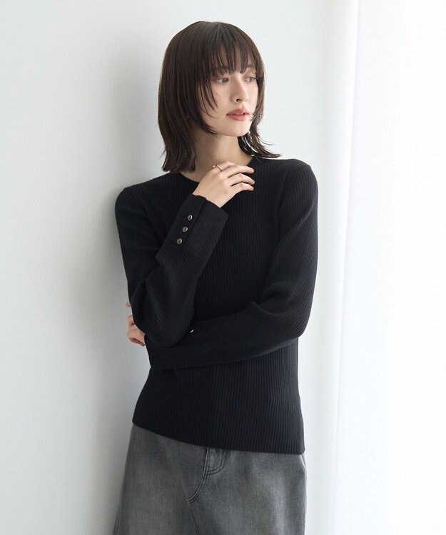 YECCA VECCA 袖釦クルーネックリブニット Black