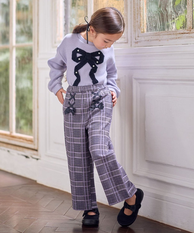 ANY KIDS レースアップ 裏シャギーワイドパンツ ブラック×チェック