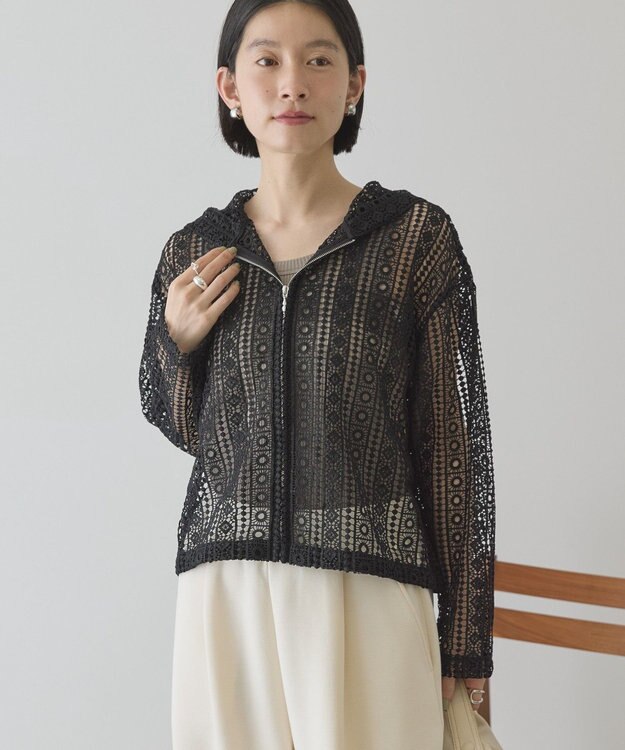 AMERICAN HOLIC 【先行予約】幾何学レースフードシャツ Black