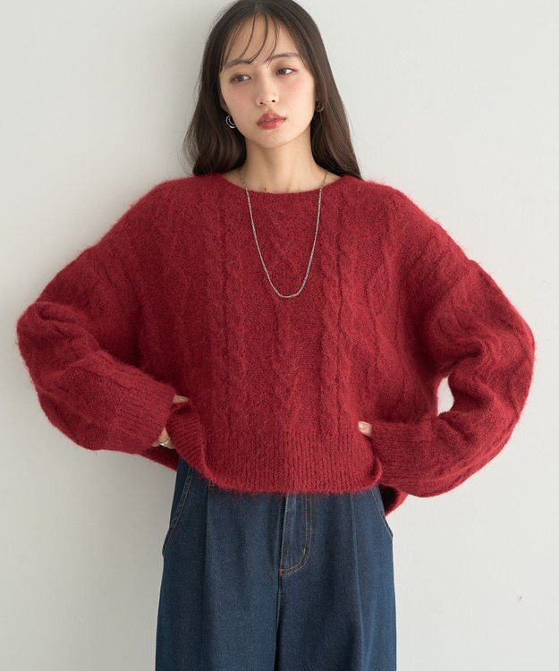 earth music&ecology モヘヤタッチケーブルニットプルオーバー レッド