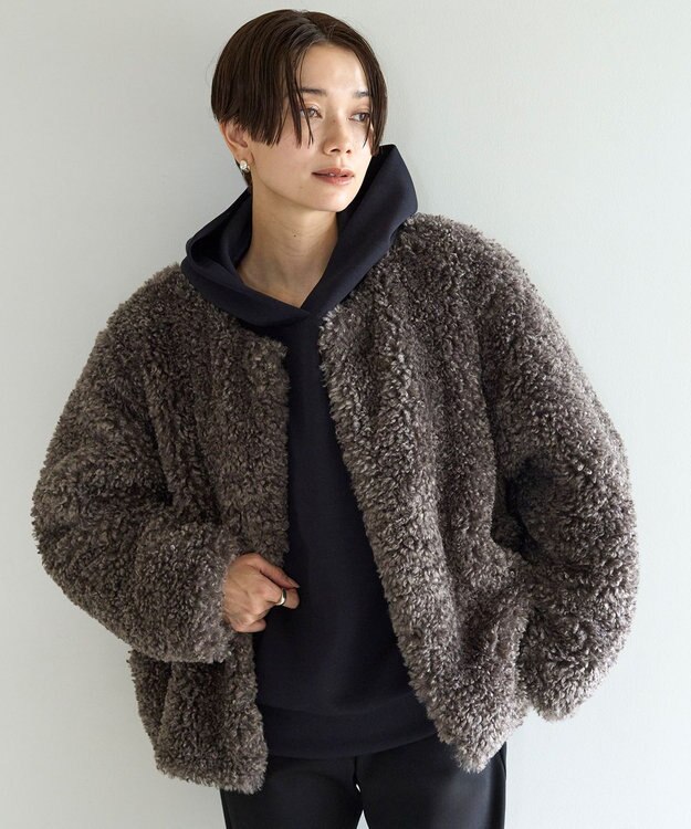 UNFILO エコファー ノーカラージャケット モカ