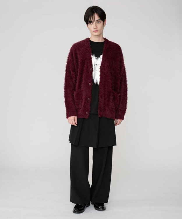 WEGO 【2025秋冬新作/ユニセックス着用ITEM/SMLサイズ展開】フェザーニットカーディガン ワイン