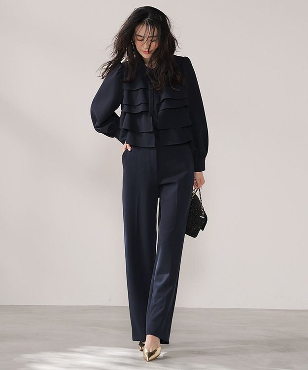 ICB L 【洗える】ミリオーネダンボールニット ワイドストレートパンツ ネイビー系