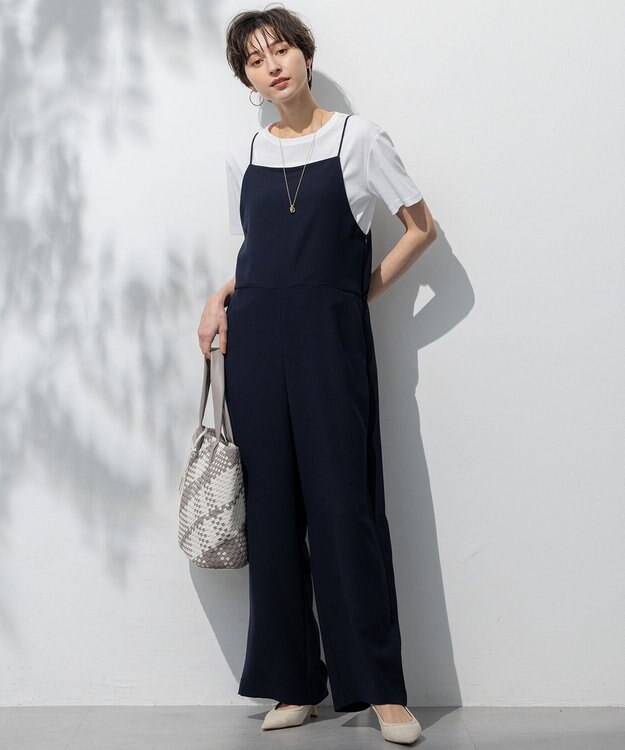 23区 L 【一部店舗限定/吸水速乾/UVカット/接触冷感/洗える】ストレッチジョーゼット オールインワン ネイビー系