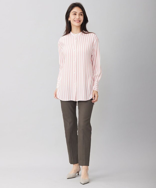 自由区 【洗える】SOMELOSテンセルバンドカラー シャツ オフ×ピンク