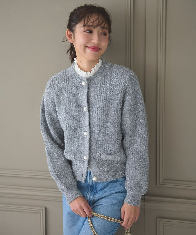 Feroux 【洗える】ラメシャギー カーディガン ライトグレー系