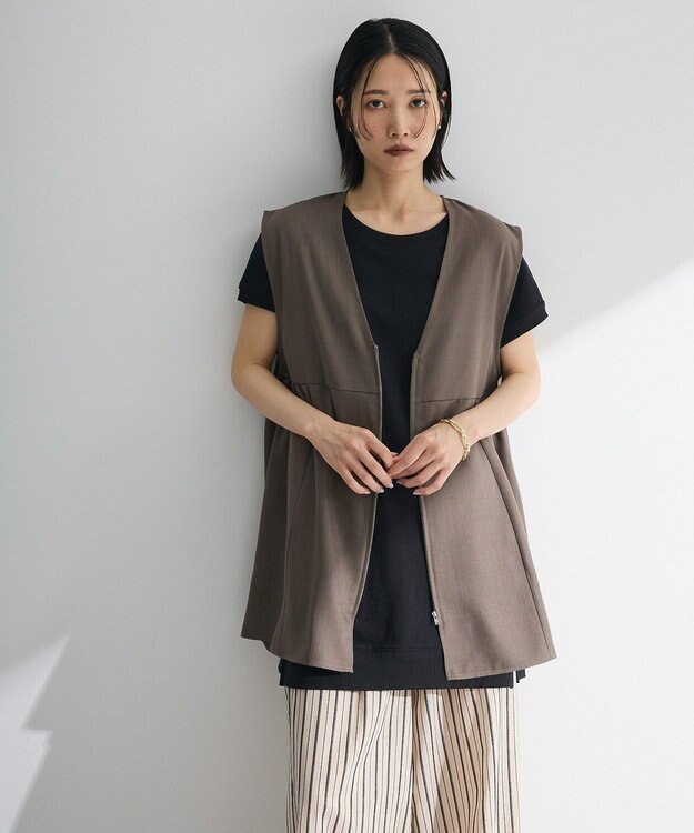 Green Parks 麻調ミディ丈ＺＩＰベスト Brown