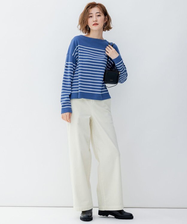 23区 【洗える】Armor-lux スムース ボーダー クロップド カットソー ブルー×オフボーダー