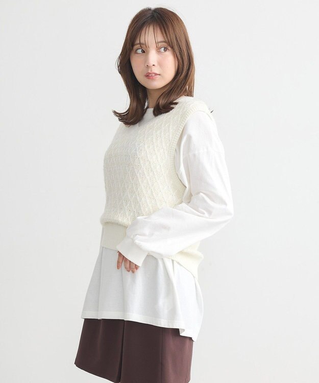 earth music&ecology ラメジャガードニットベスト Ivory