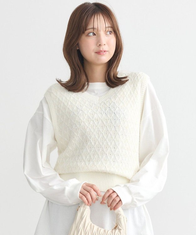 earth music&ecology ラメジャガードニットベスト Ivory