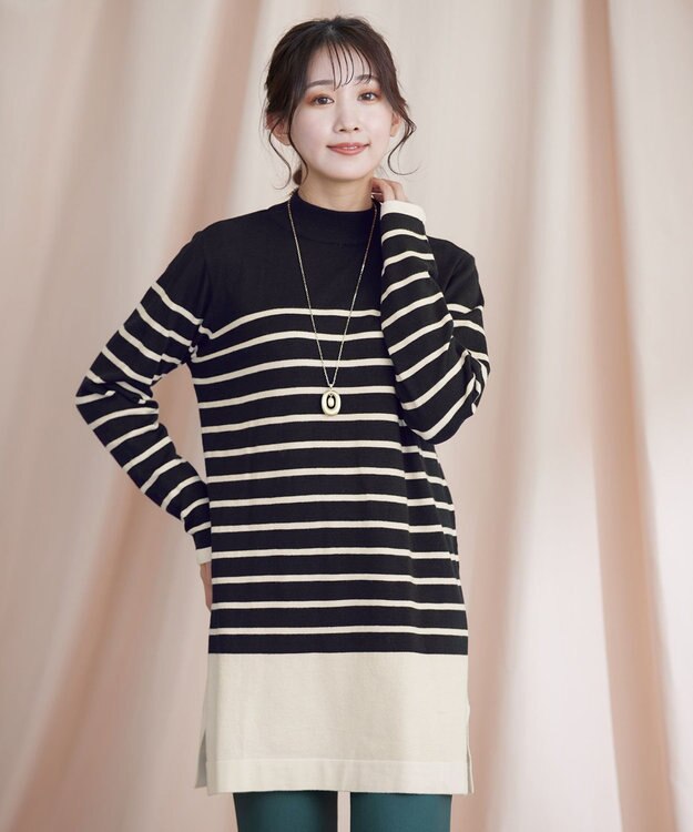 Tiaclasse 【洗える】ボーダーニットチュニック ブラック×オフホワイト