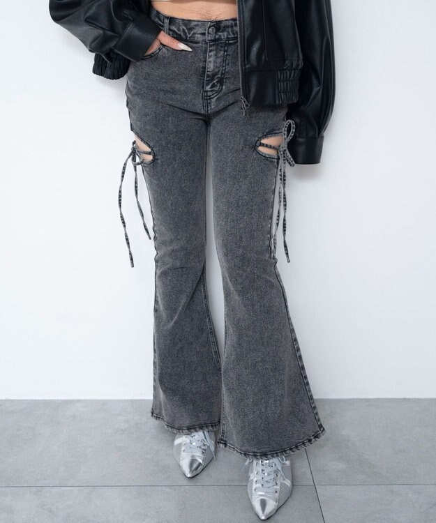 WEGO 【SMサイズ展開/伸びる】カットアウトリボンストレッチフレアデニムパンツ ブラックその他