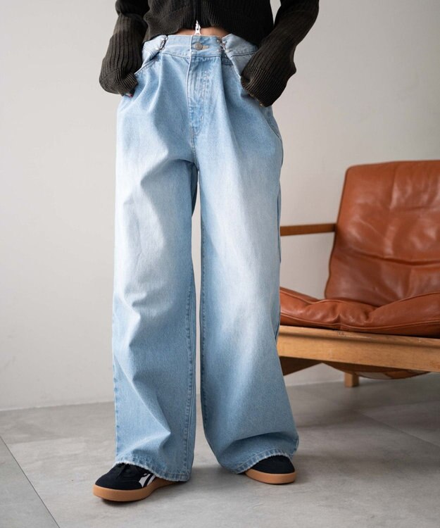 WEGO 【ウエスト調整付き】ウエストフックデニムワイドパンツ デニム淡色