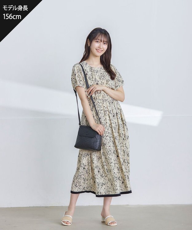 Tiaclasse 【袖が選べる・洗える】配色モノクロ花柄ワンピース 半袖：アイボリー