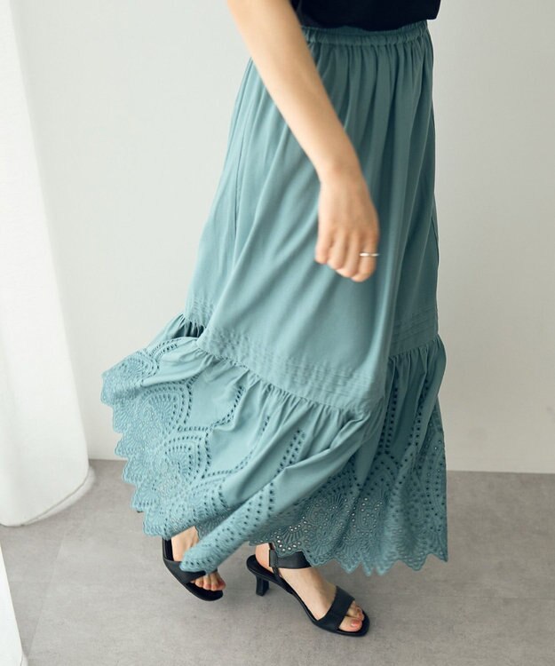 YECCA VECCA アイレット刺繍ギャザーフレアスカート Green