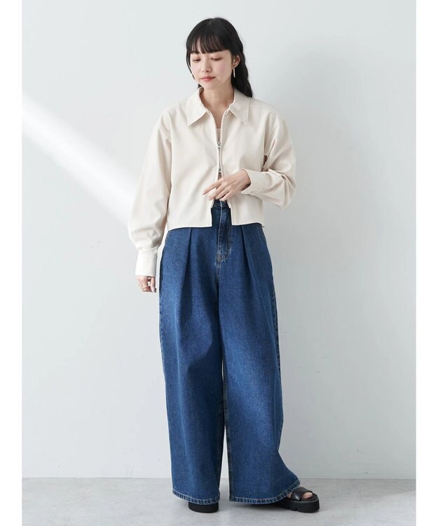 earth music&ecology ジップショートシャツ Light Gray