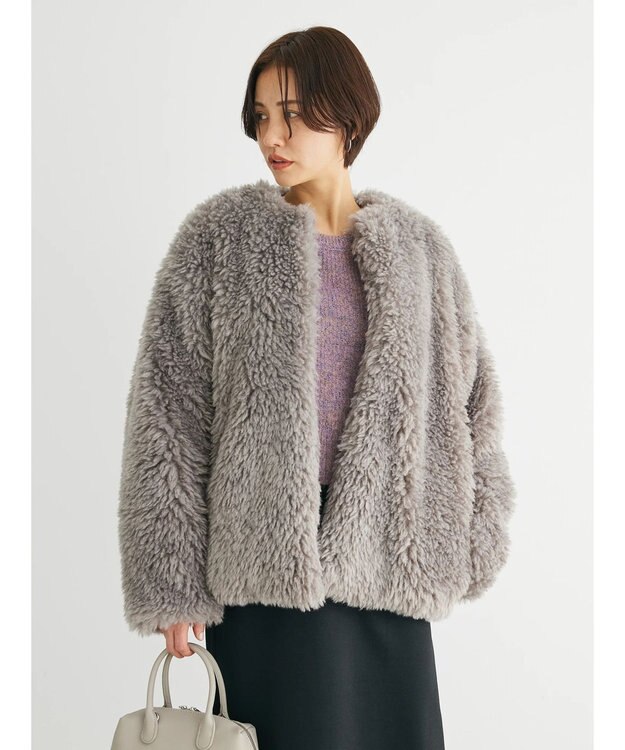 Green Parks ・ＥＬＥＮＣＡＲＥ　ＤＵＥ　シープファーノーカラーコート Gray Beige