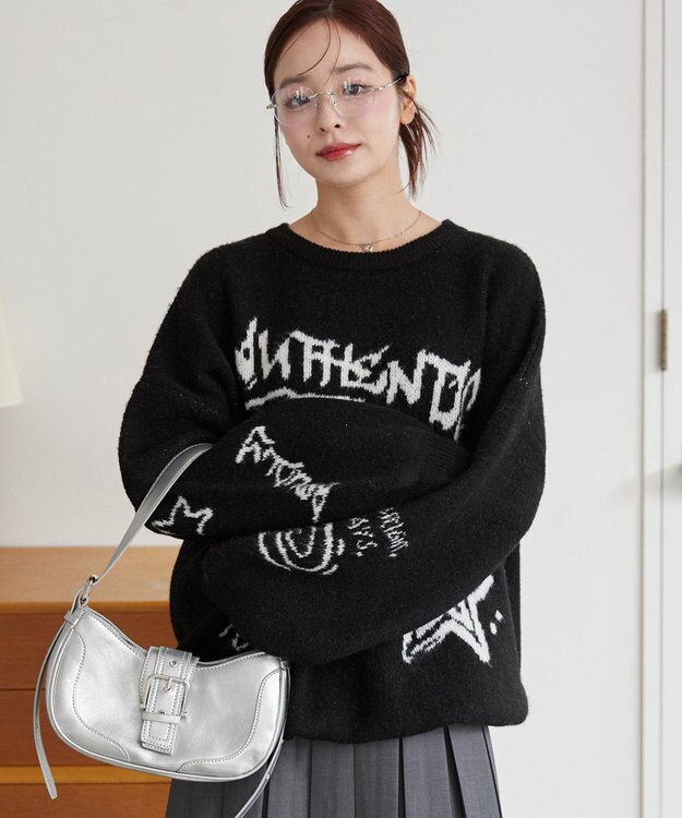 WEGO フラッフィーグラフィックBIGニットプルオーバー ブラック