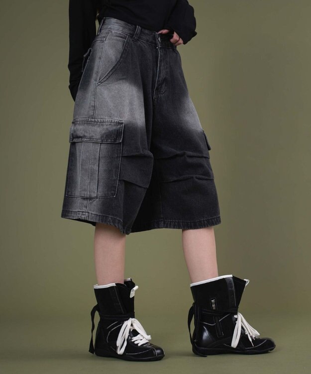 WEGO フラップポケットニータックカーゴハーフパンツ ブラック