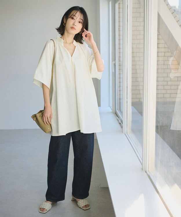 #Newans 【ANSWER for 骨格ナチュラル】ギャザーネックフレアスリーブチュニック ホワイト系