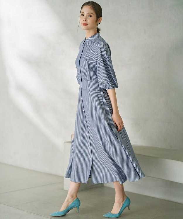組曲 【WEB限定カラーあり】ボリュームスリーブシャツワンピース 【WEB限定】ブルー×ストライプ系9