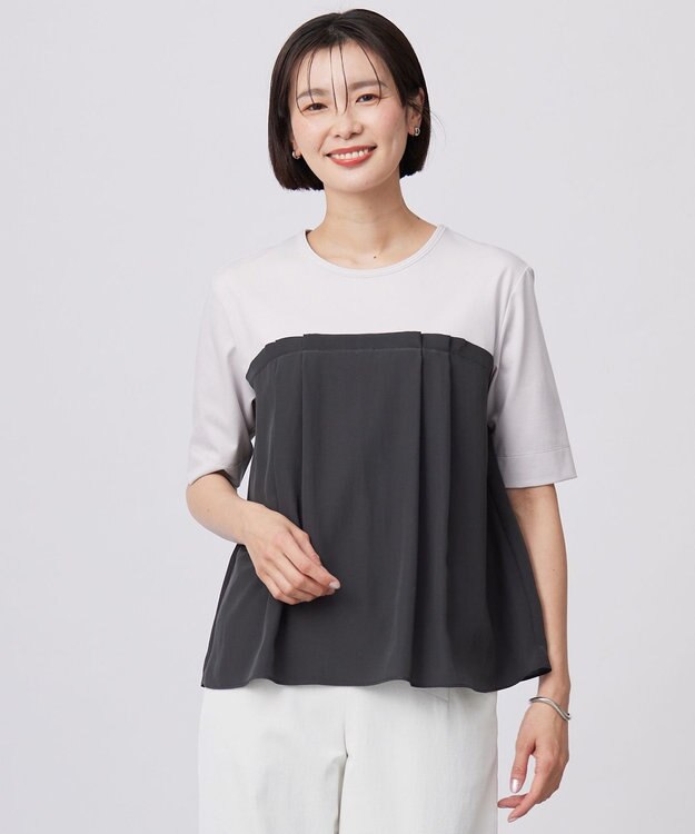 J.PRESS LADIES L 【洗える】ドッキングジャージー ビスチェライク プルオーバー グレージュ×スレート系