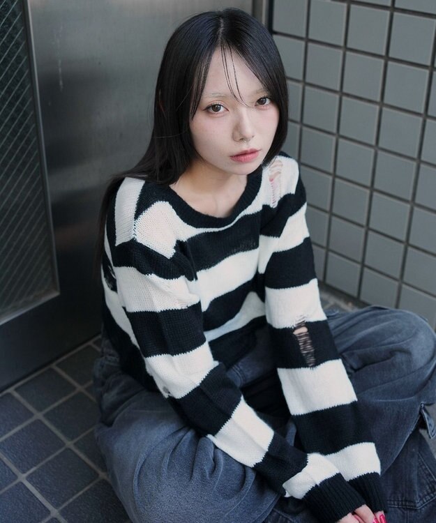 WEGO モヘアタッチダメージショートニット ホワイトボーダー