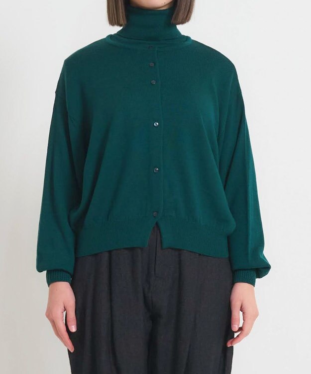 muuc 〈洗える極上メリノウール〉丸襟カーディガン〈ゆったり体型を選ばない〉〈アンサンブル可能〉〈袖の透かし編み〉 グリーン