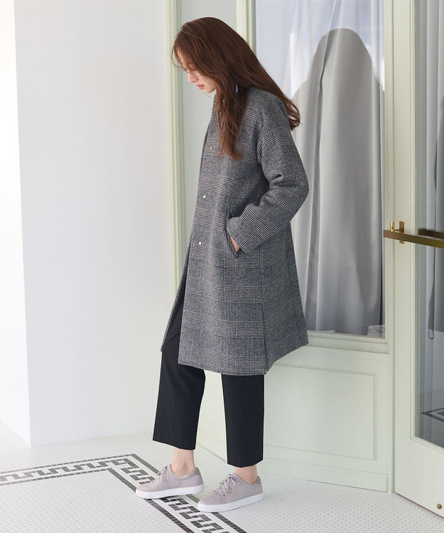 ANY 【防風裏地】ウールブレンドノーカラーコート グレンチェック