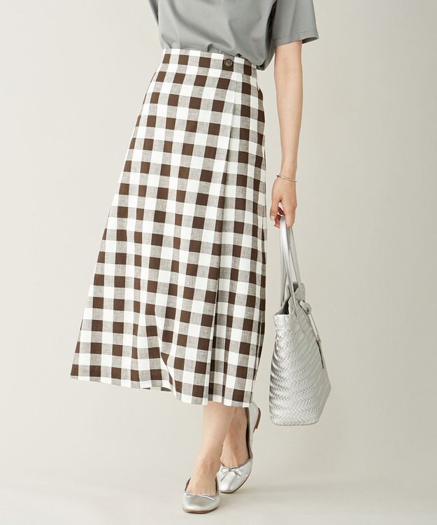 J.PRESS LADIES 【洗える】BEZコットンリネンブロックギンガム スカート ダークブラウン系4