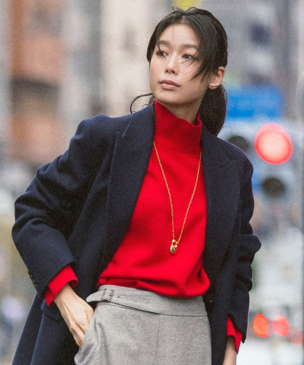 自由区 【洗える】ウールミラノハイネック ニット レッド系
