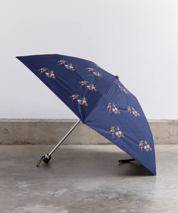 AND WOOL 〈UVカット率99%以上・一級遮光生地・晴雨兼用〉野ばら刺繍の日傘 （折りたたみ傘タイプ） ネイビー