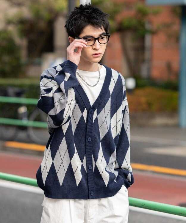 WEGO リラックスフィットパターンカーディガン ネイビー