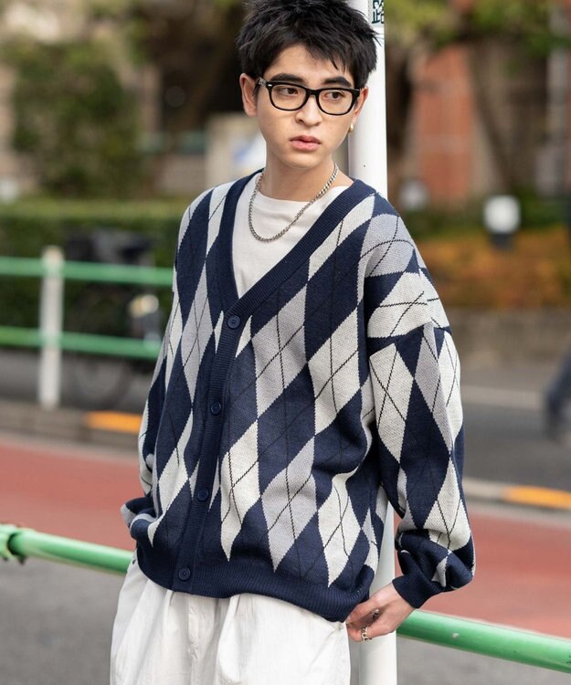 WEGO リラックスフィットパターンカーディガン ネイビー