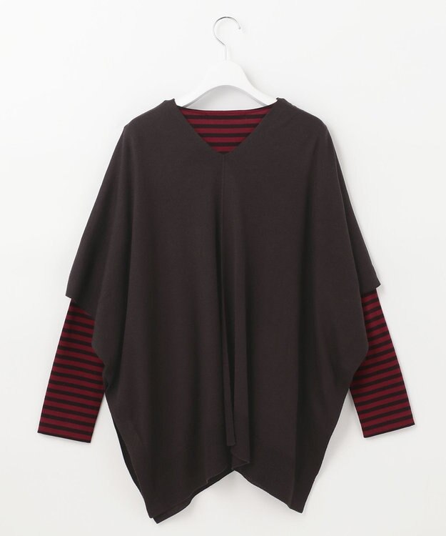 自由区 【洗える/セットアイテム】マルチWAYコンビ ニットポンチョ×プルオーバー ブラウン系ボーダー