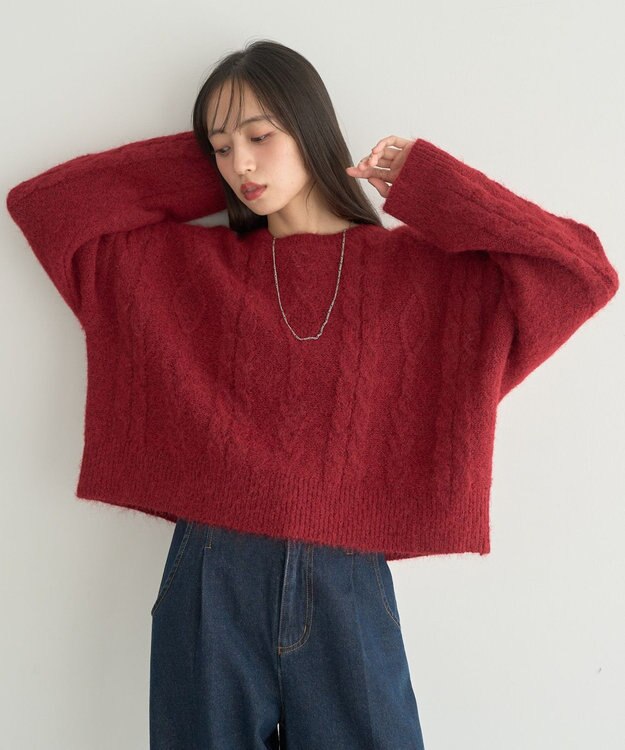 earth music&ecology モヘヤタッチケーブルニットプルオーバー レッド