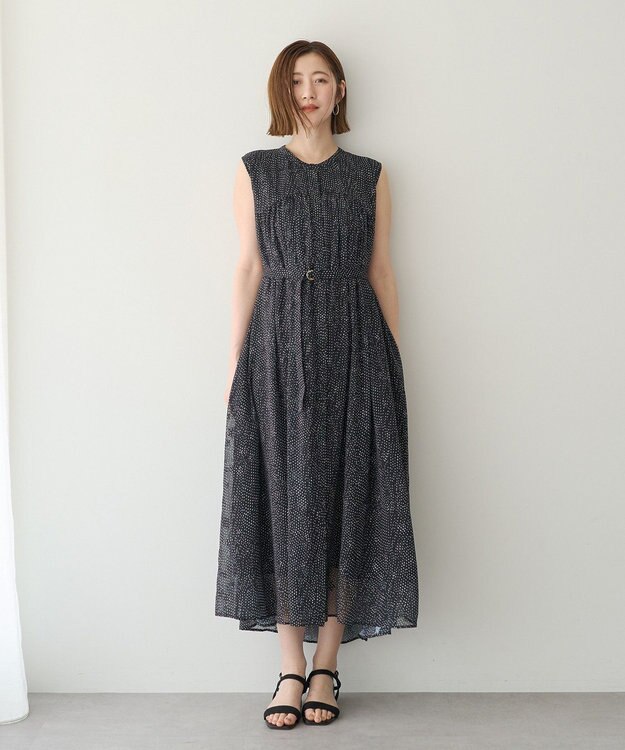 YECCA VECCA シアードット柄ギャザーワンピース Black
