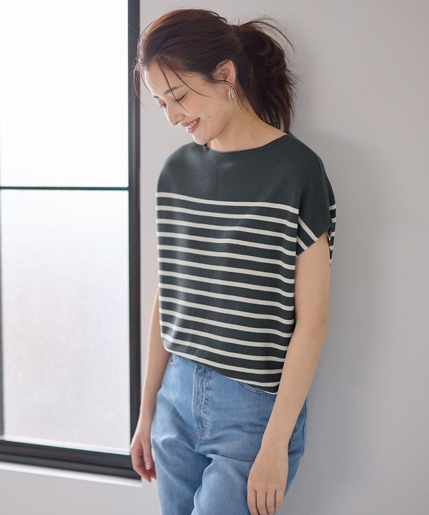 ANY L 【洗濯機可/アンチピリング/UVカット】アクリルガーターフレンチスリーブニット チャコール×オフ