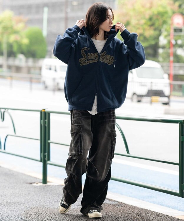 WEGO 【ユニセックス着用ITEM/SMLサイズ展開】レオパードワッペンダブルZIPパーカー ネイビー