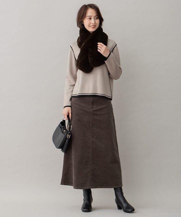 自由区 【洗える】リブレスコール ロングスカート カーキ系